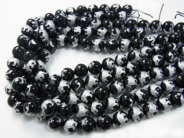 Photo2: 오닉스 사신도【백호】조각(실버)  라운드 10~12mm  3a품질,1줄 사이즈38cm  - 5줄/구매 시 30% 할인 (2)